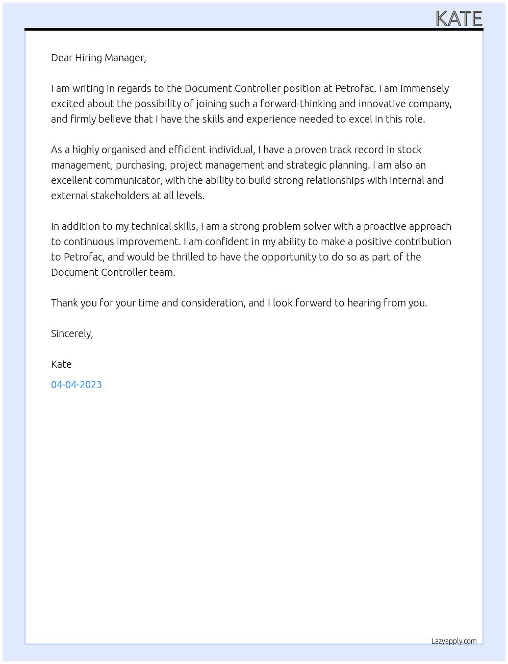 Document Controller At Petrofac Cover Letter
