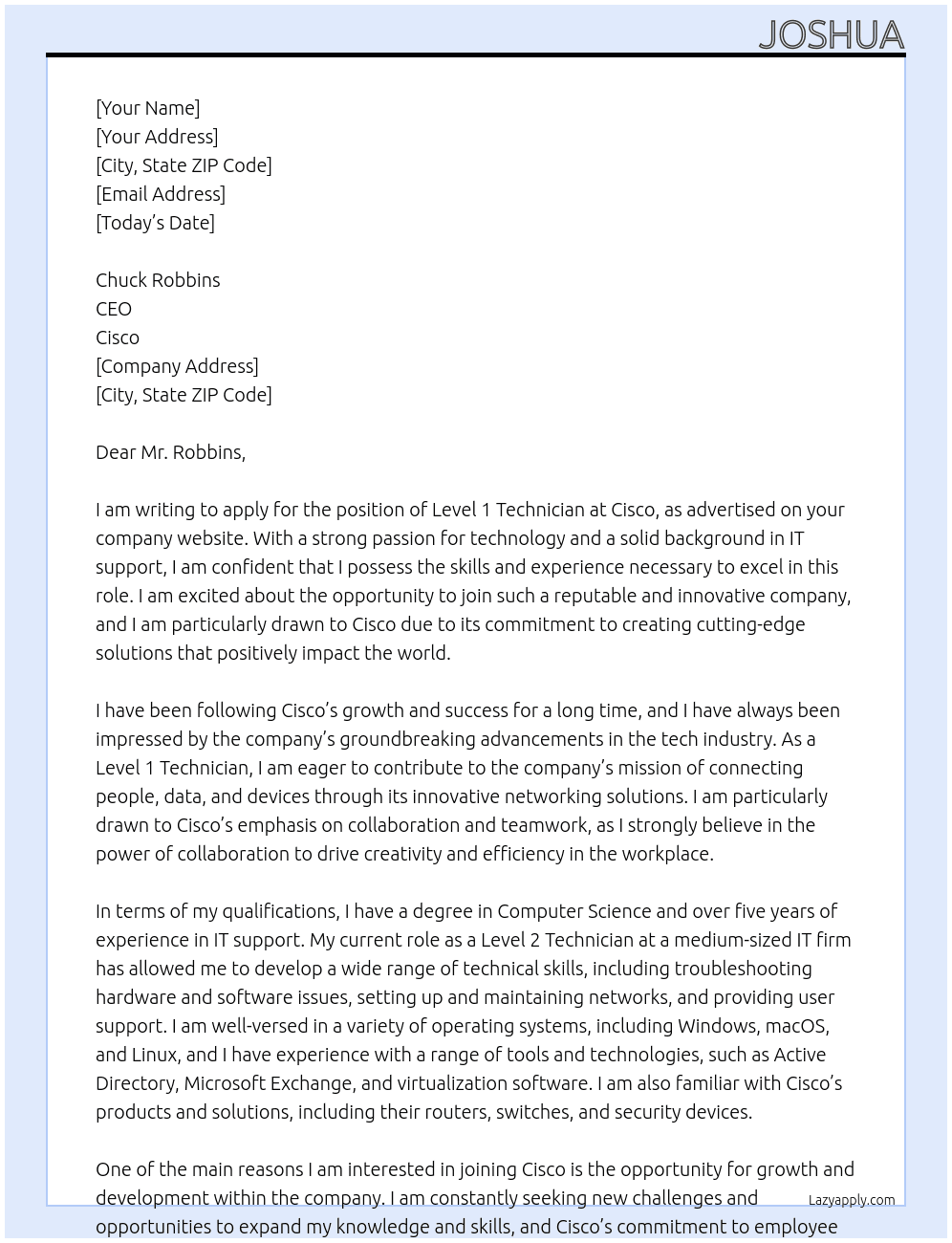 Level 1 Technician At Cisco Cover Letter