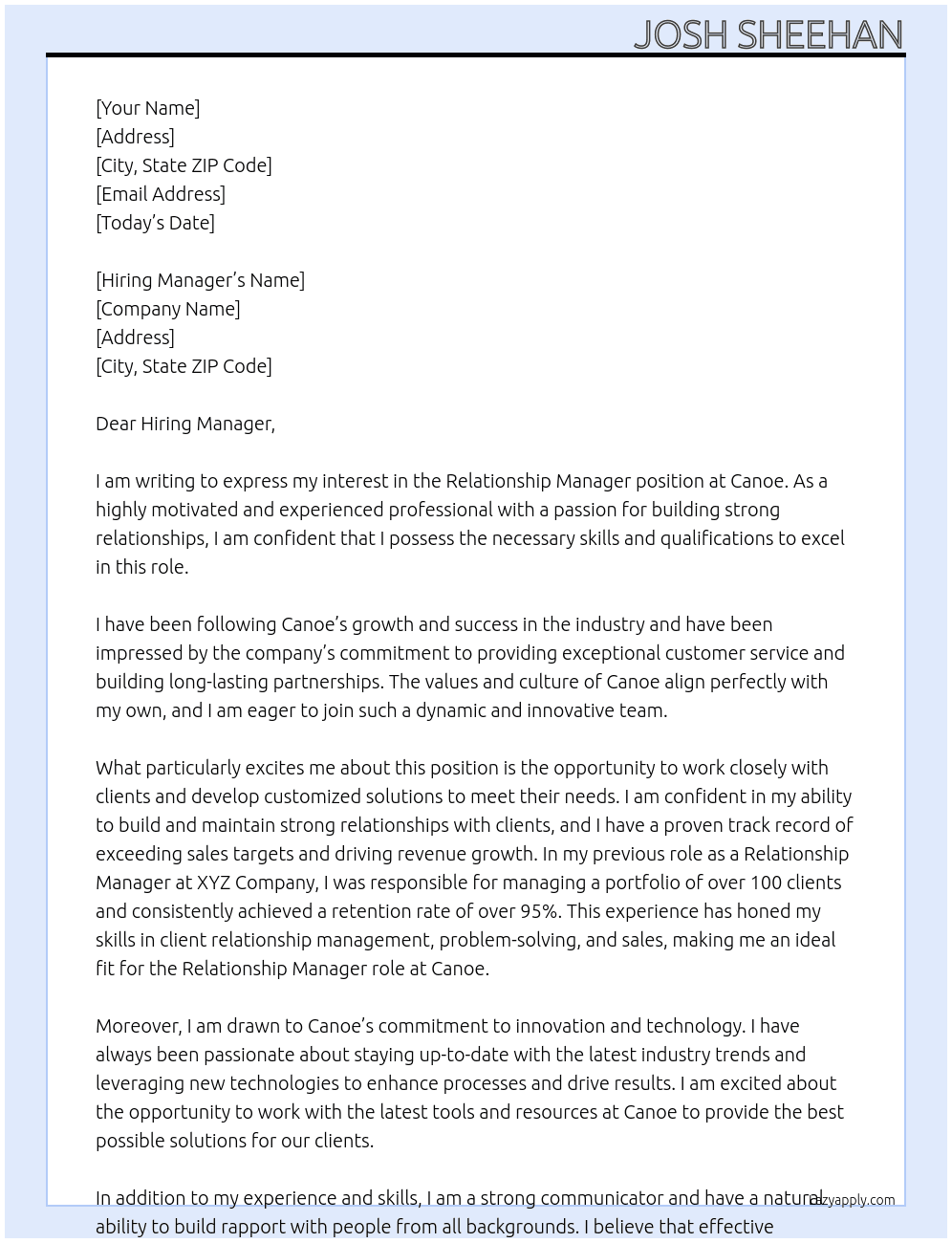 Relationship Manager At Canoe Cover Letter