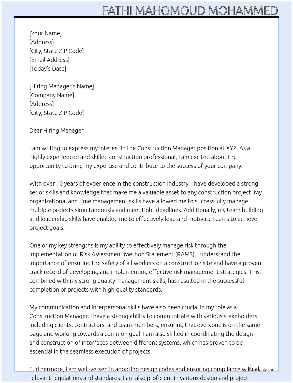 Construction Manager At XYZ Cover Letter