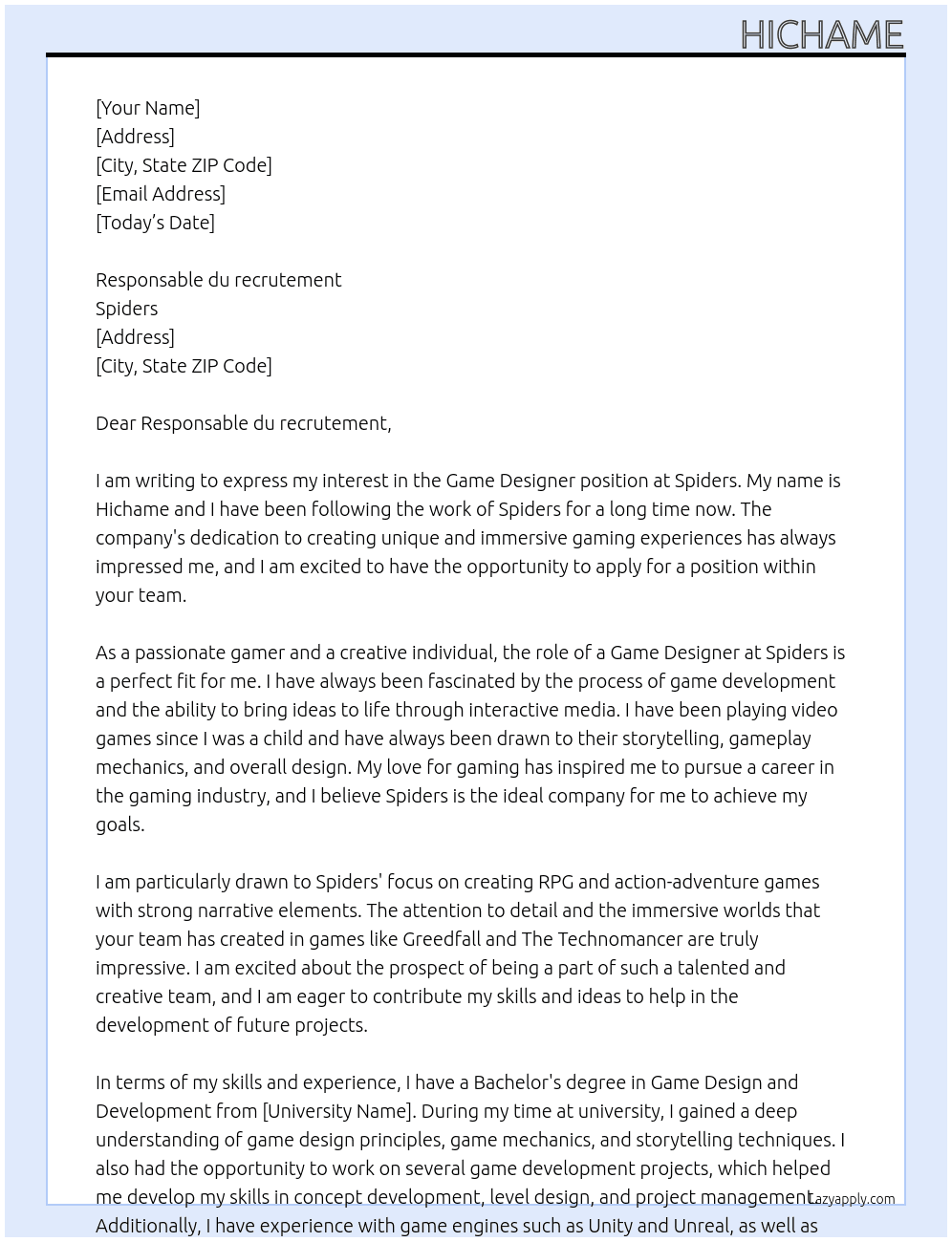 Game designer At Spiders Cover Letter
