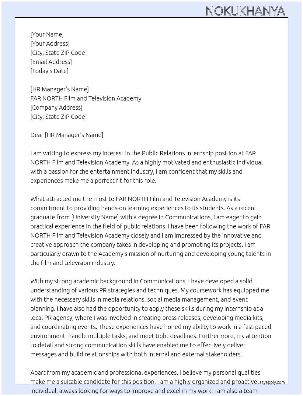 Public Relations Intern At FAR NORTH Film and Television Academy  Cover Letter