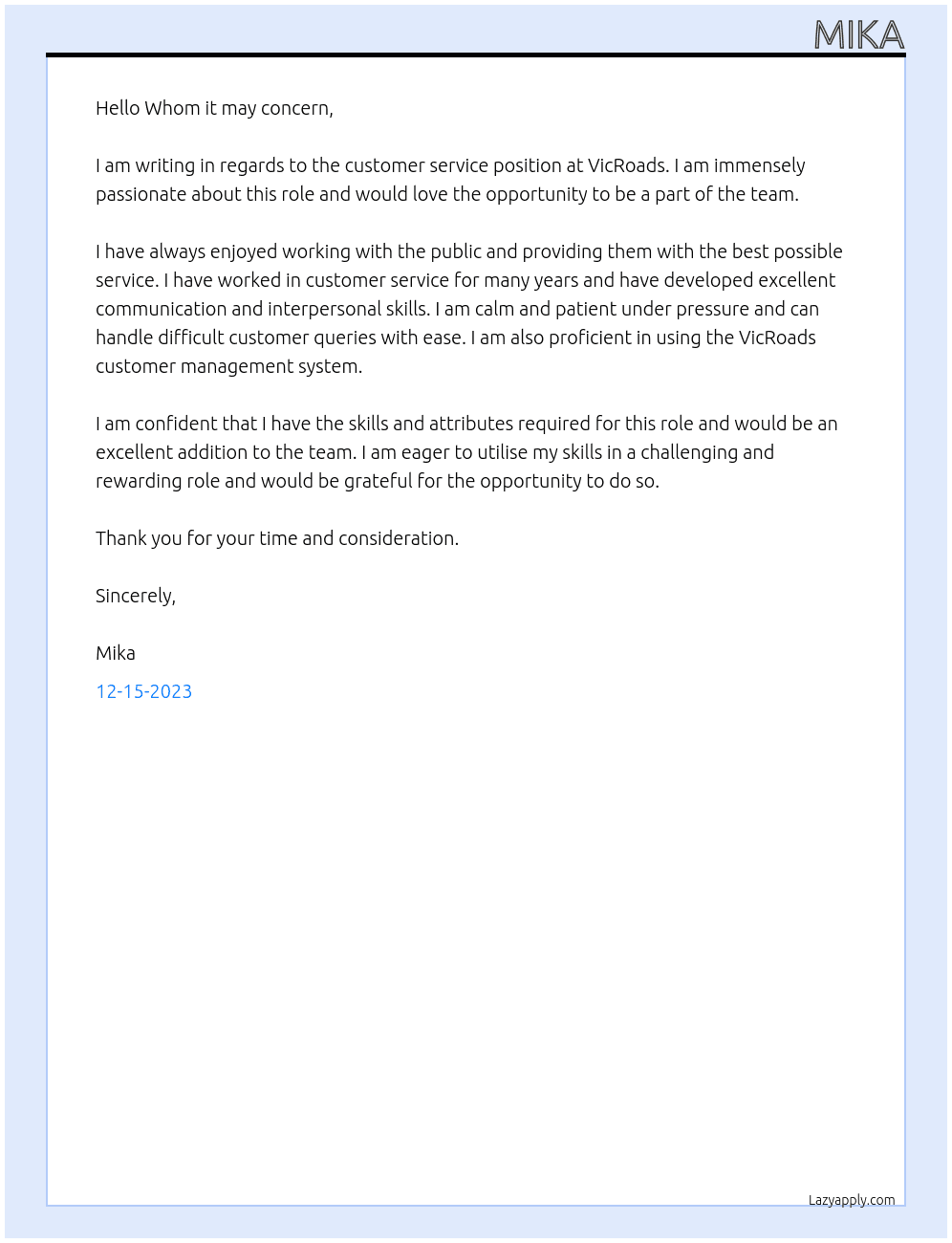 Customer Service  At VicRoads Cover Letter
