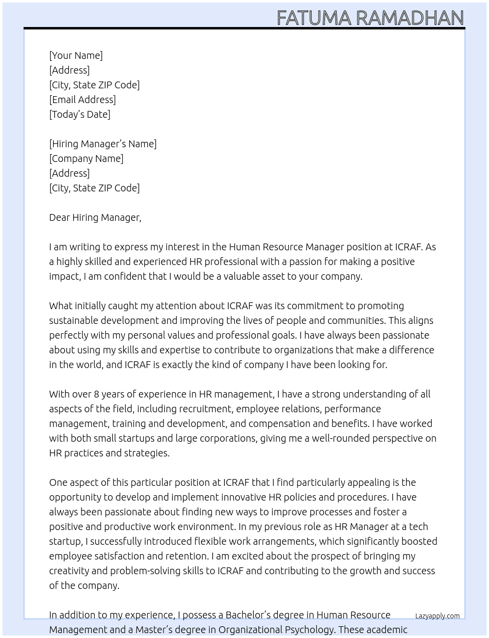 Human Resurce Manager At ICRAF Cover Letter