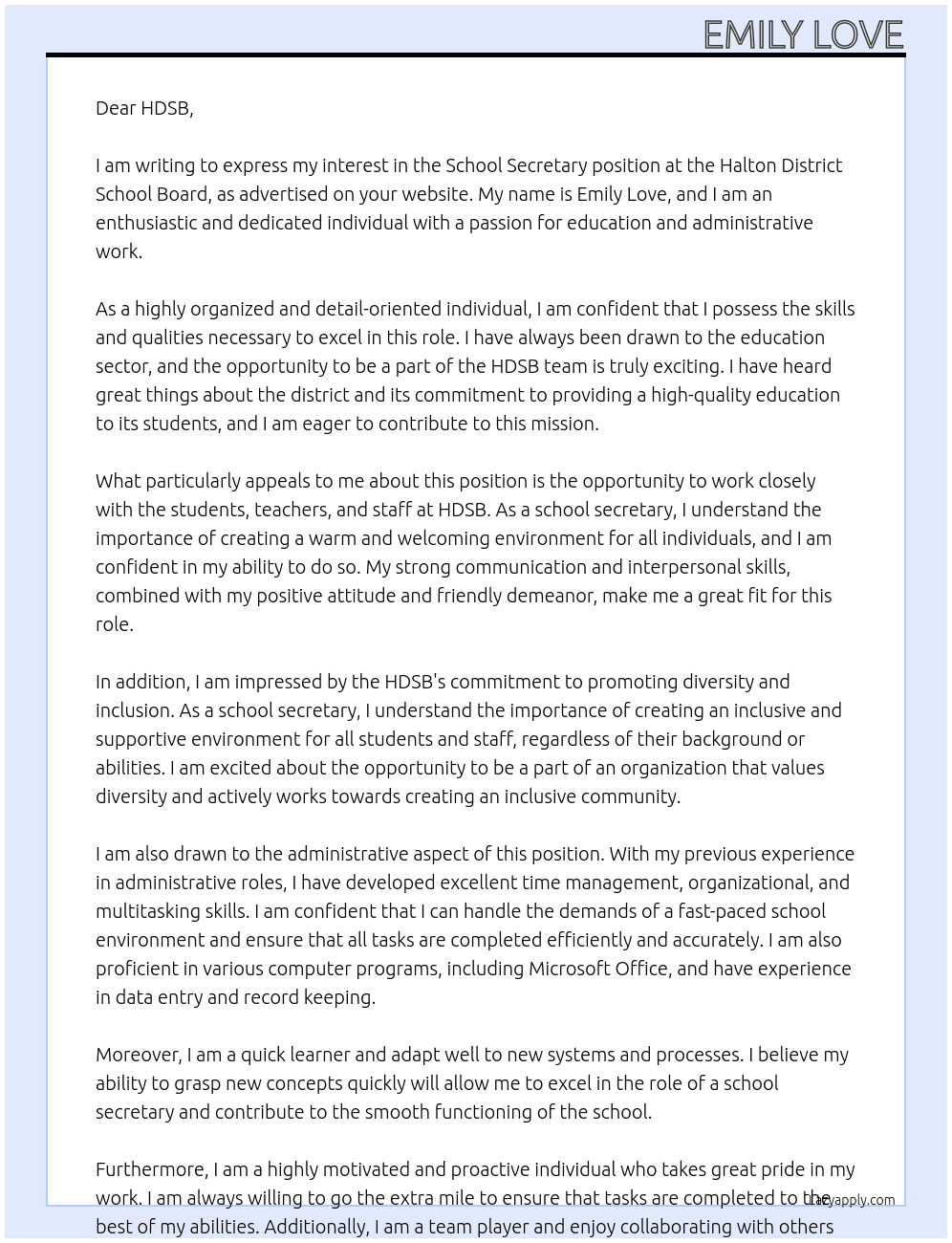 School Secretary At Halton District School Board Cover Letter