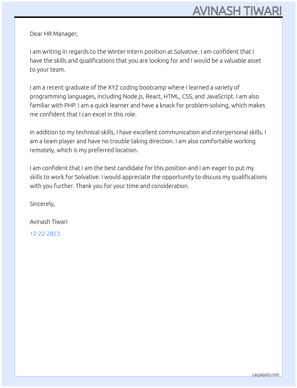 Winter Intern At Solvative Cover Letter