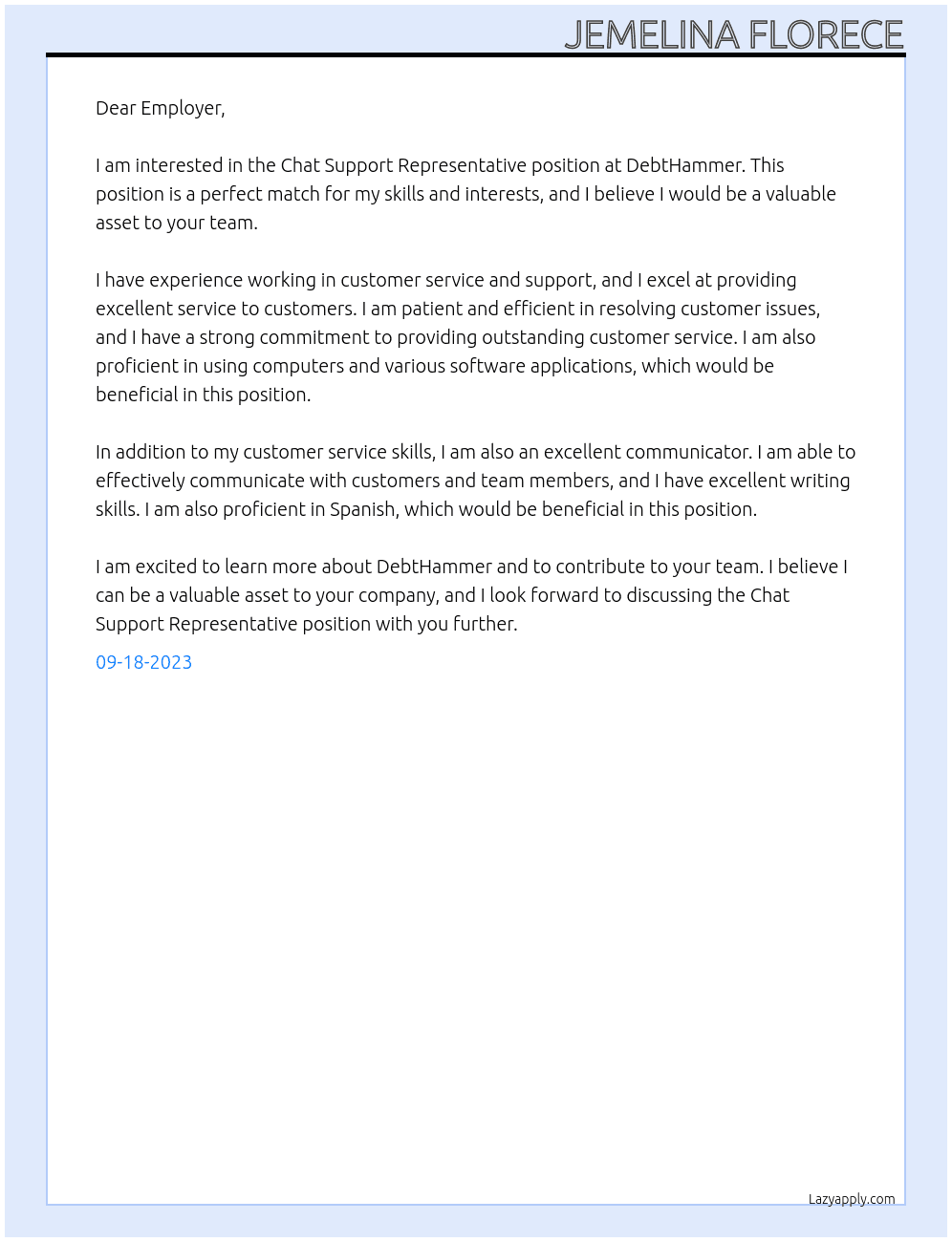 Chat Support Representative At DebtHammer Cover Letter