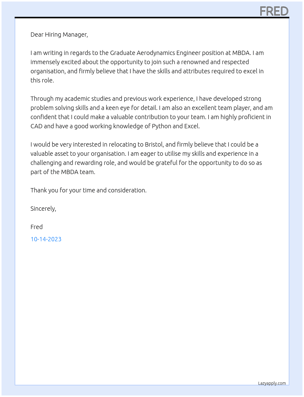 Graduate Aerodynamics Engineer At MBDA Cover Letter