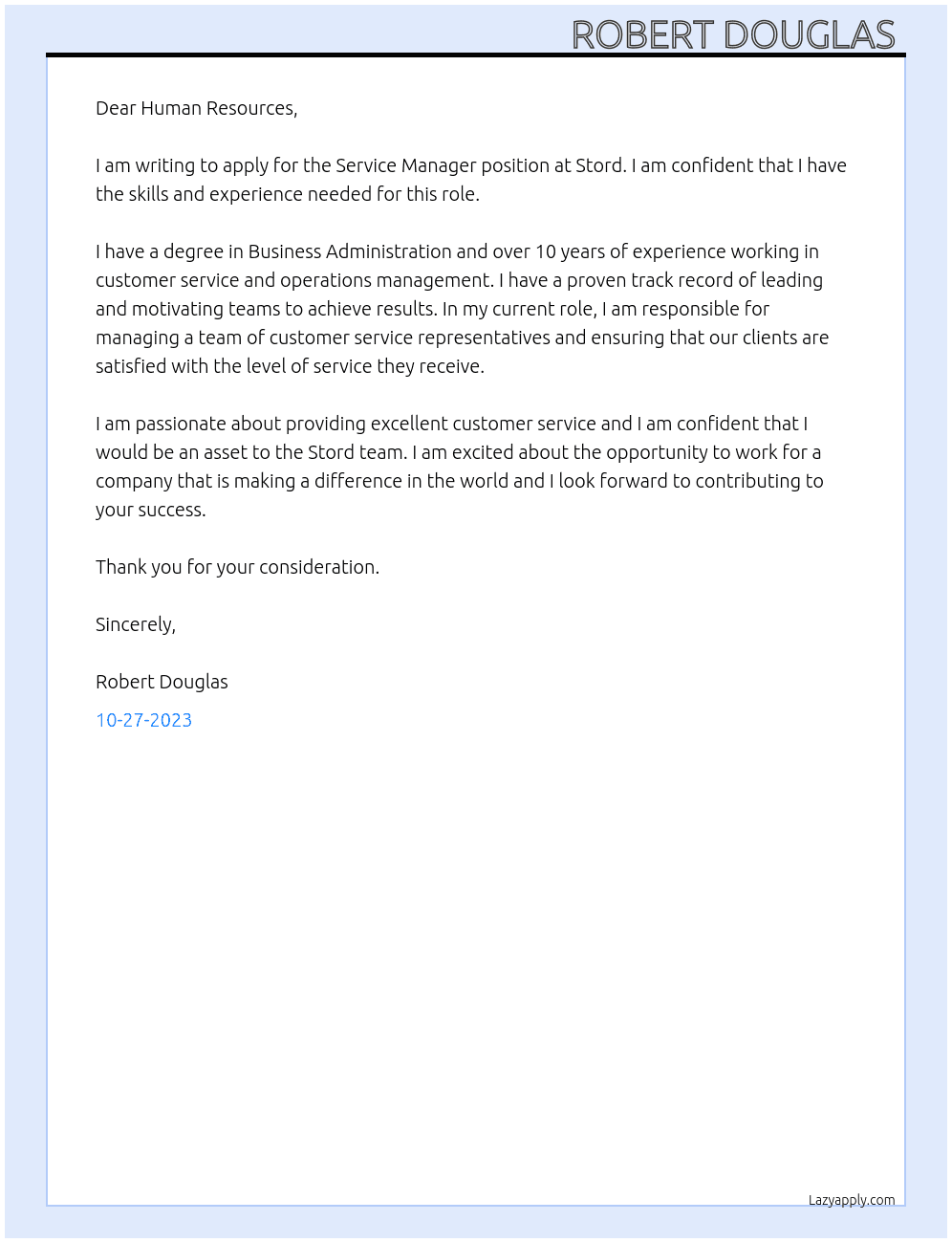 Service manager  At Stord Cover Letter