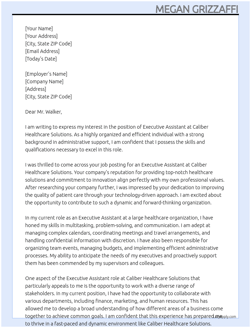 Executive Assistant At Caliber Healthcare Solutions Cover Letter
