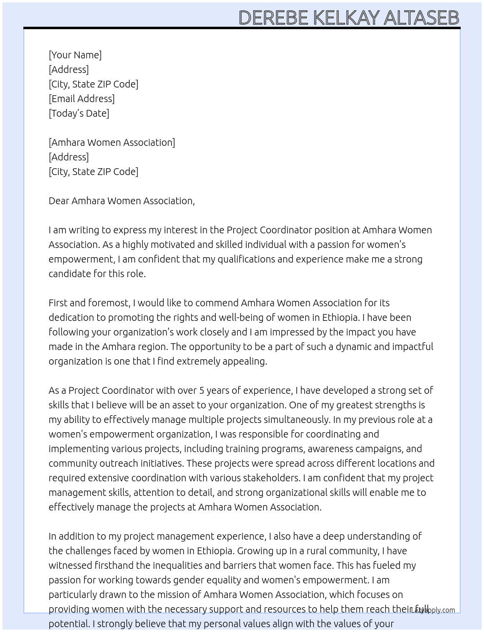 Project cordinator At Amhara Women Association Cover Letter