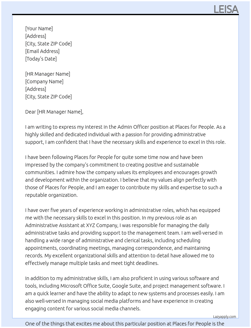Admin officer  At Places for people  Cover Letter