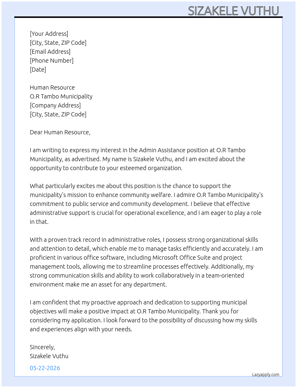 Admin Assistance  At O.R Tambo Municipality  Cover Letter