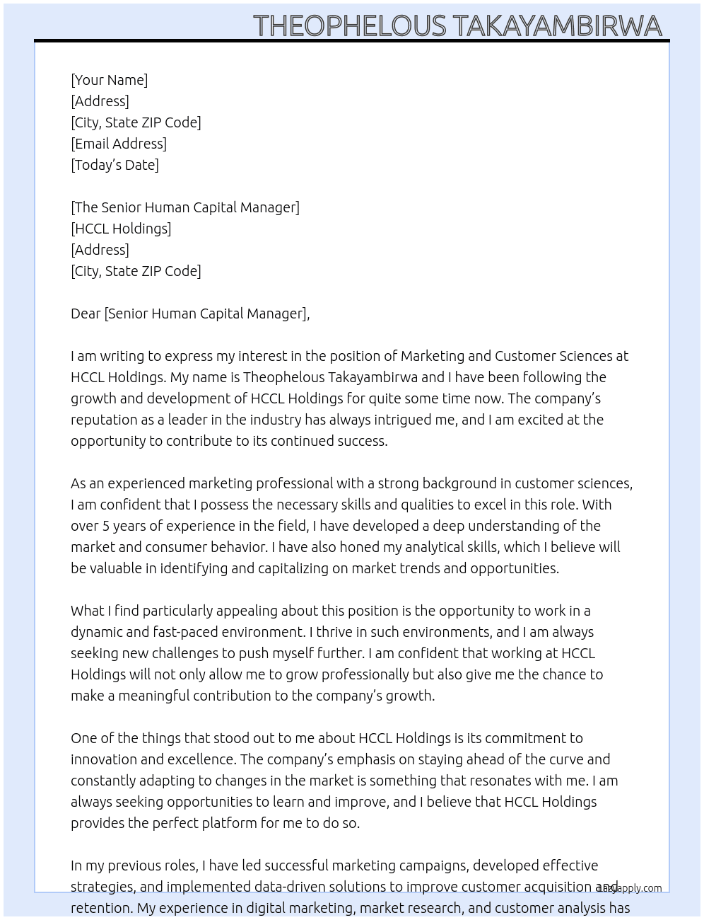 Marketing and Customer Sciences At HCCL Holdings  Cover Letter