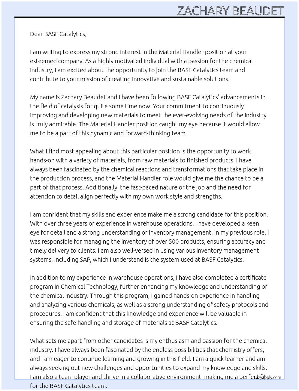 Material Handler At BASF Catalytics  Cover Letter