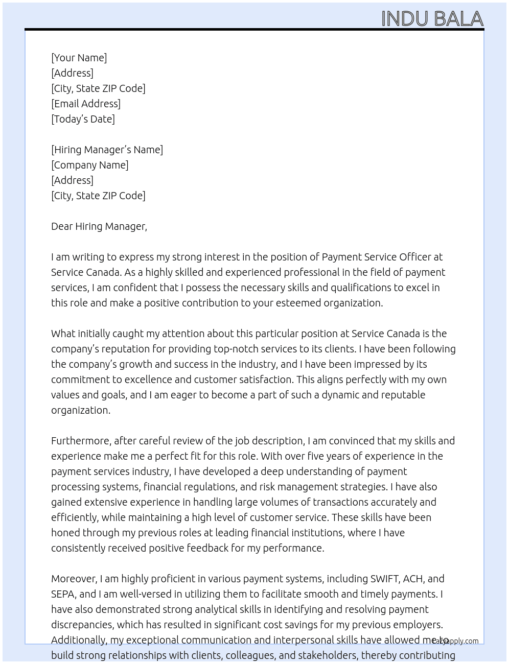 Payment Service Officer At Service Canada Cover Letter