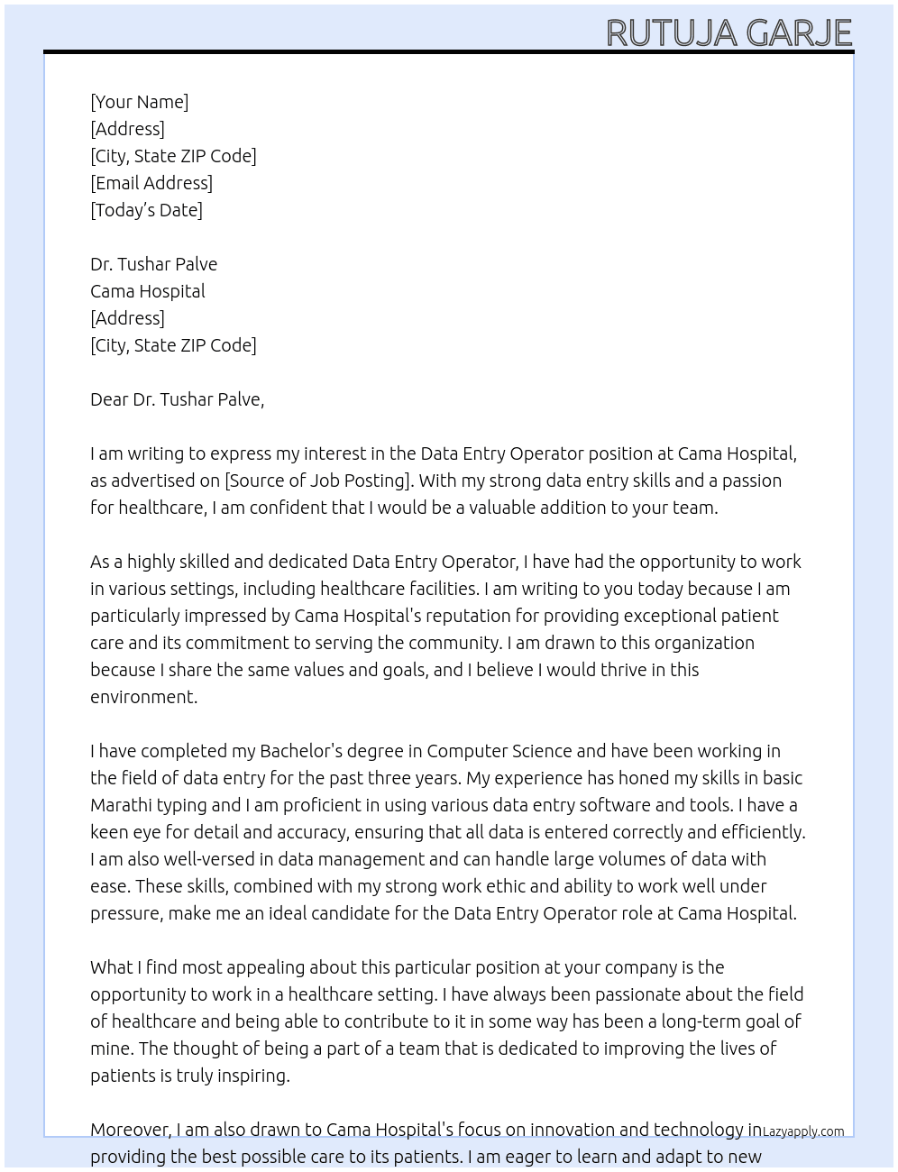 Data Entry operator  At Cama Hospital Cover Letter