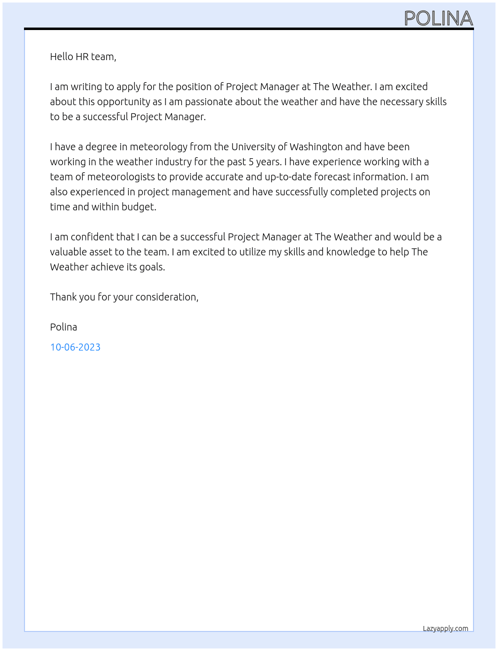 Project Manager At The Weather Cover Letter