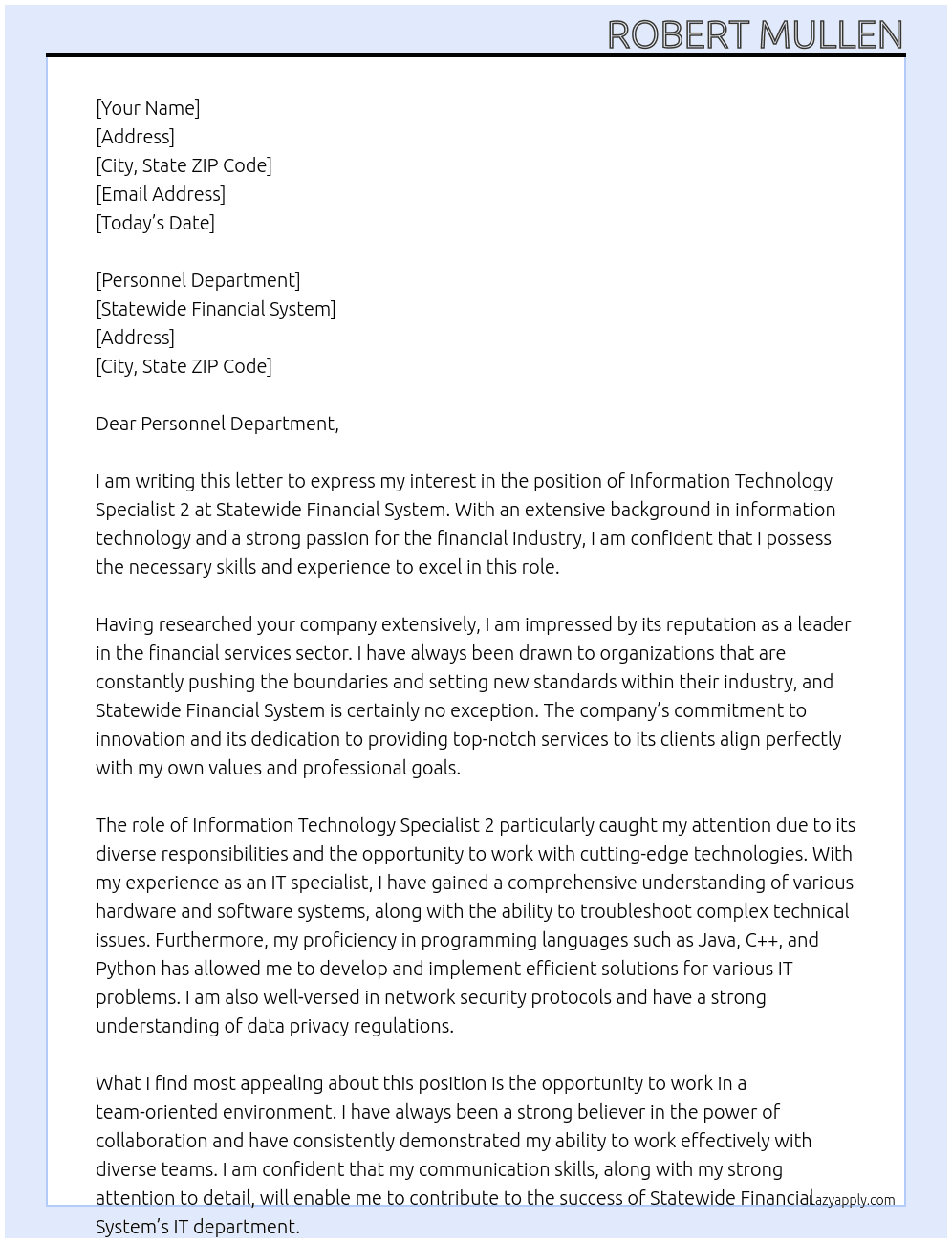 Information Technology Specialist 2 At Statewide Financial System Cover Letter