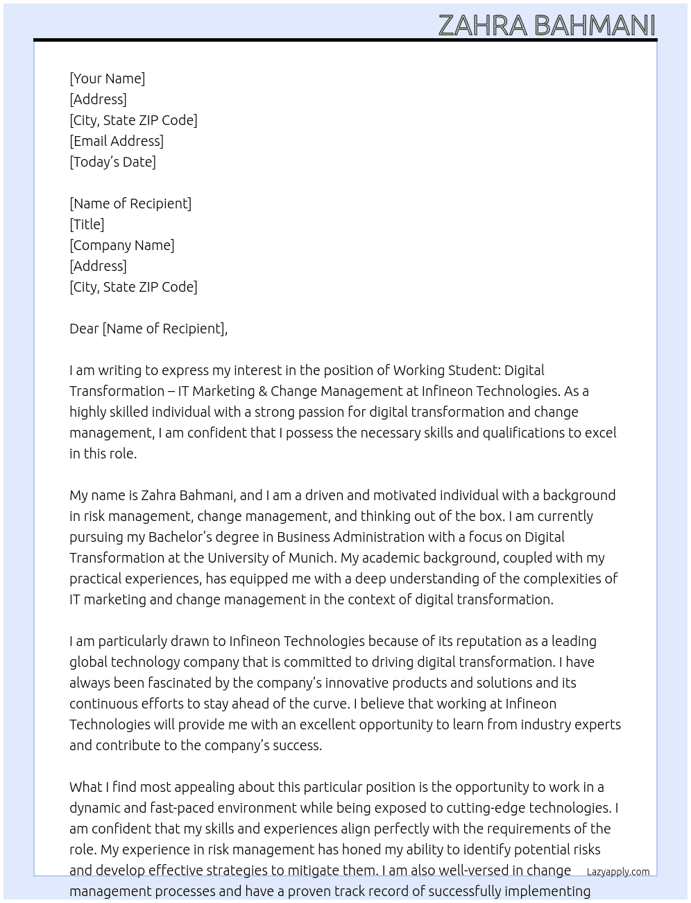 Working Student: Digital Transformation – IT Marketing & Change Management At Infineon Technologies Cover Letter