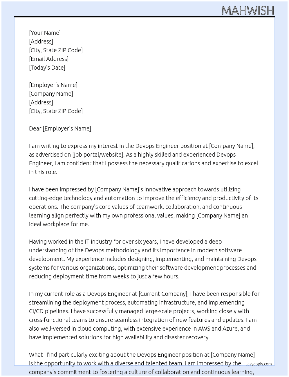 Devops engineer At xyz Cover Letter