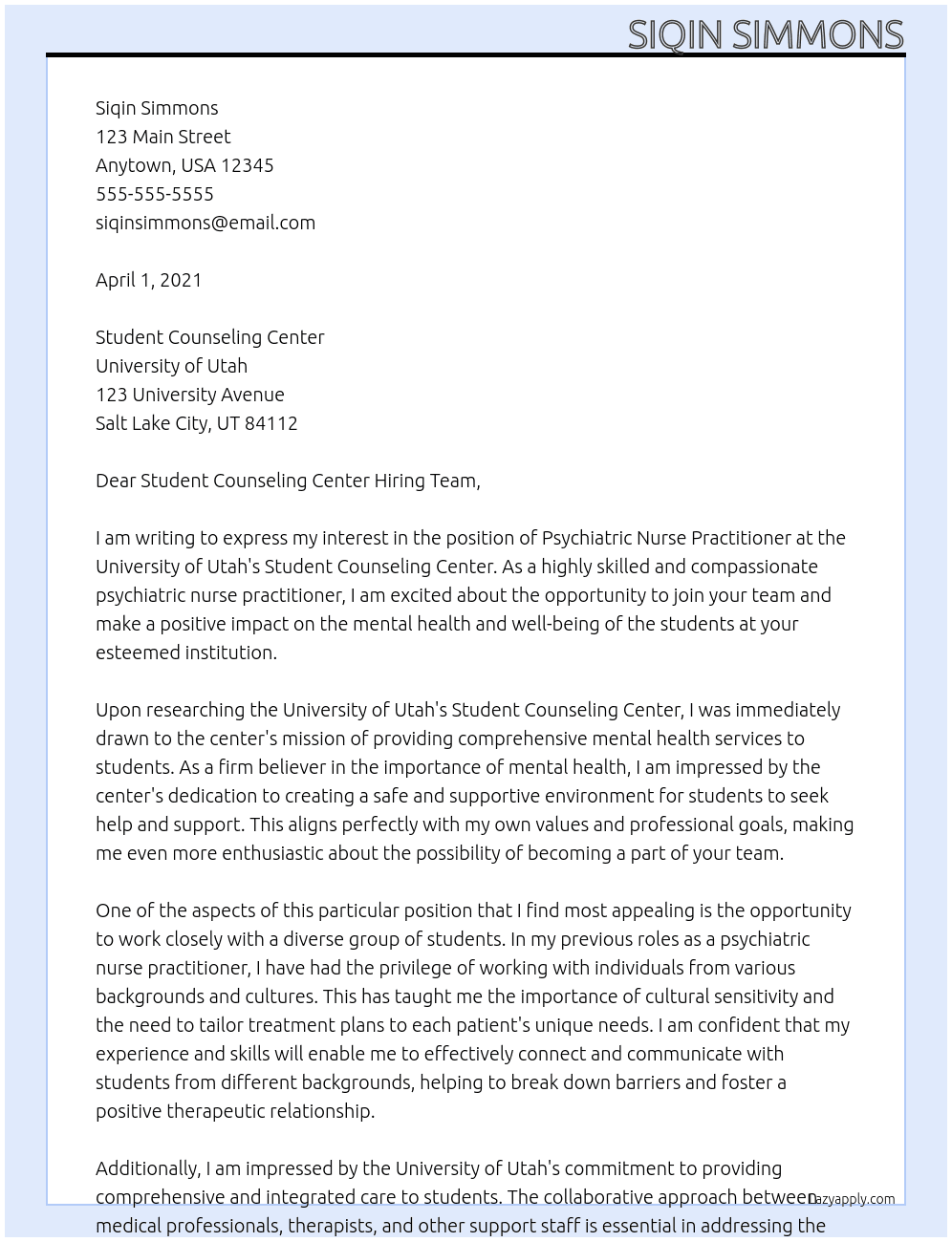 Psychiatric Nurse Practitioner At University of Utah Cover Letter