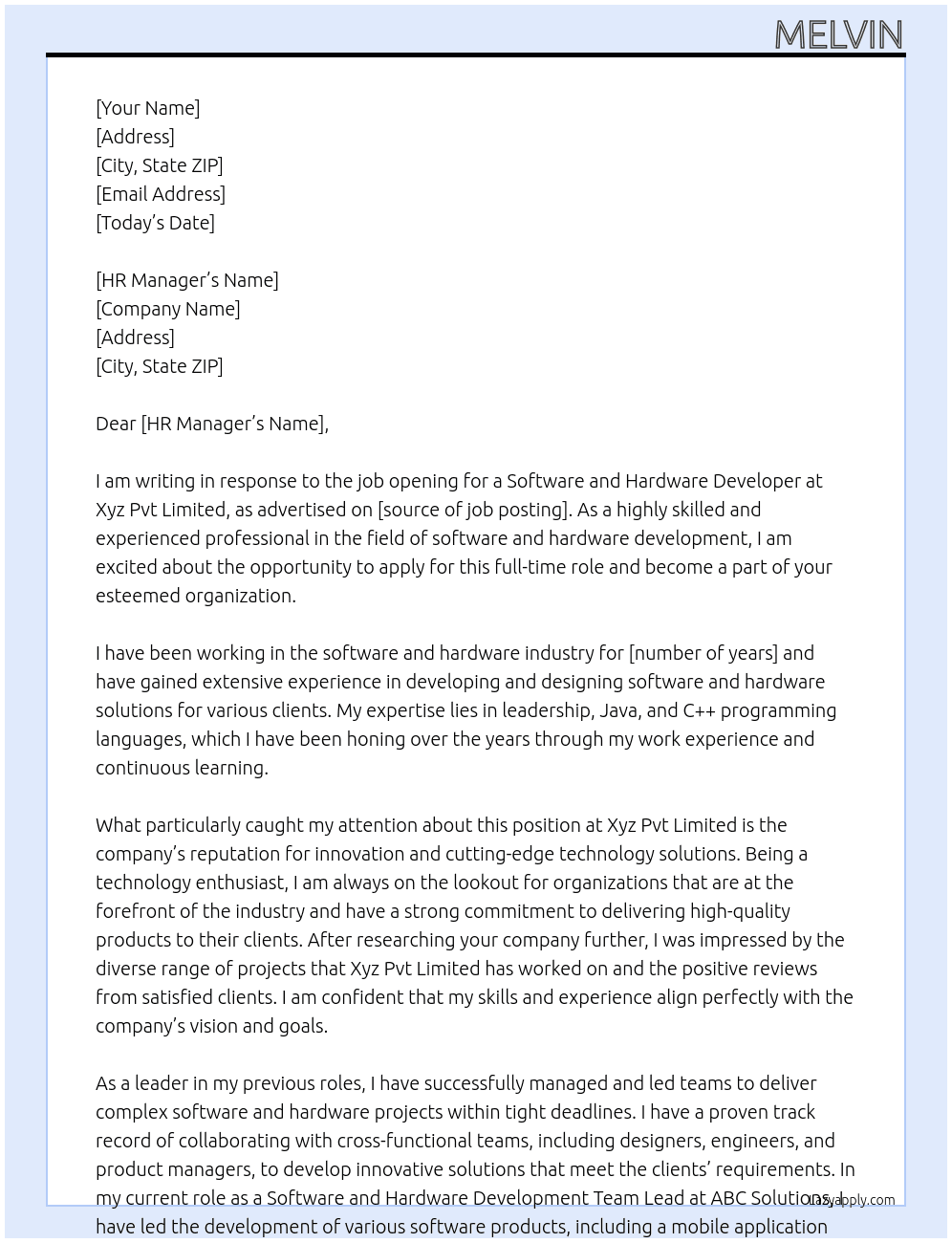 Software and hardware developer At Xyz pvt limted Cover Letter