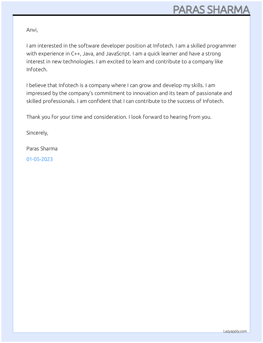 Software developer At Infotech, Infosys,  Cover Letter