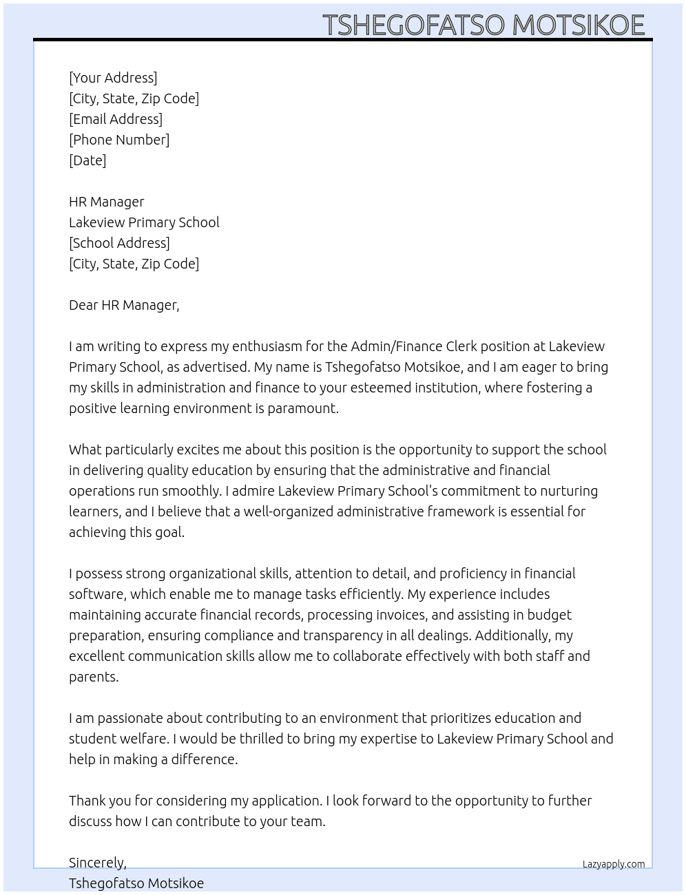 Cover letter for admin/finance clerk - LazyApply