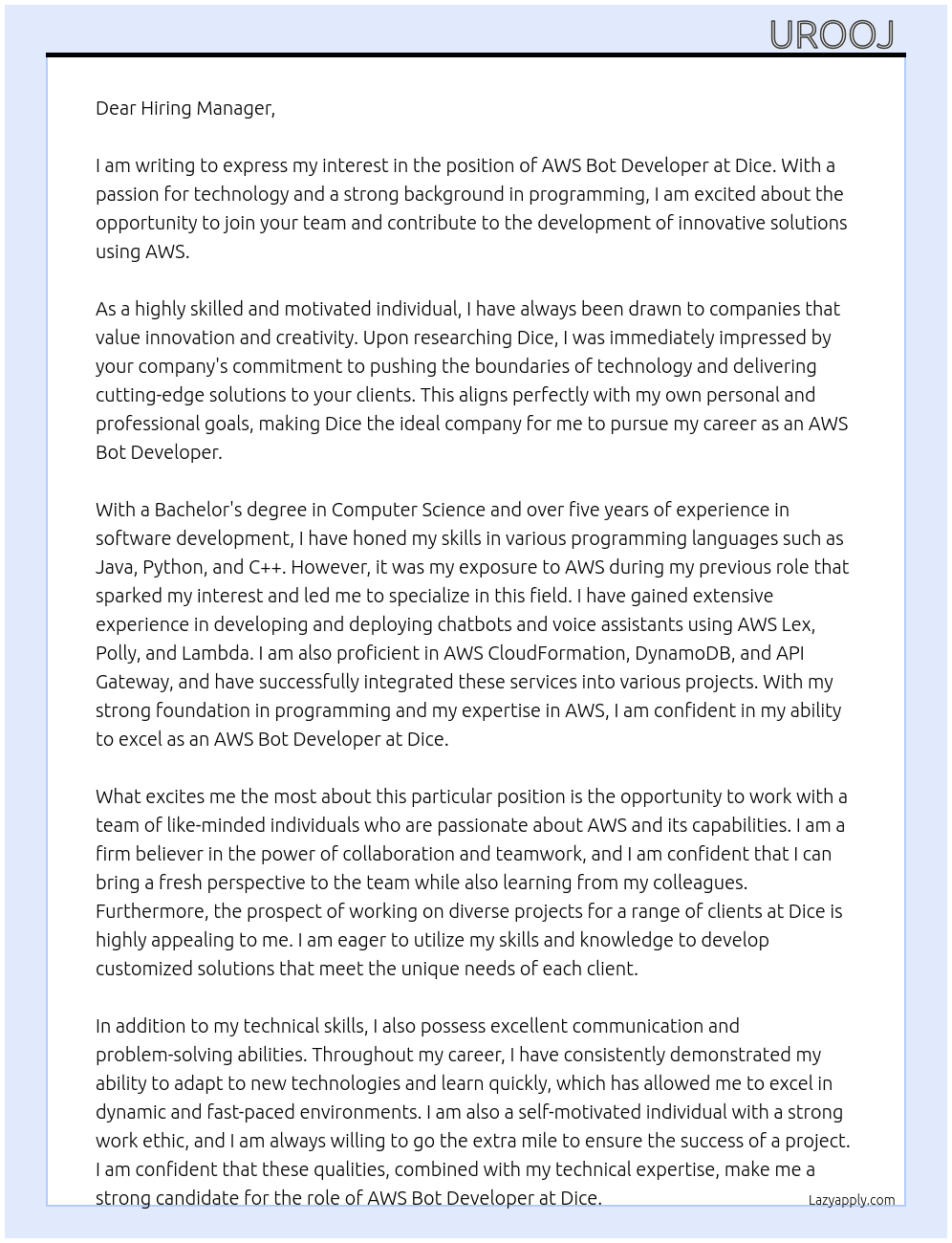aws bot devloper At Dice Cover Letter