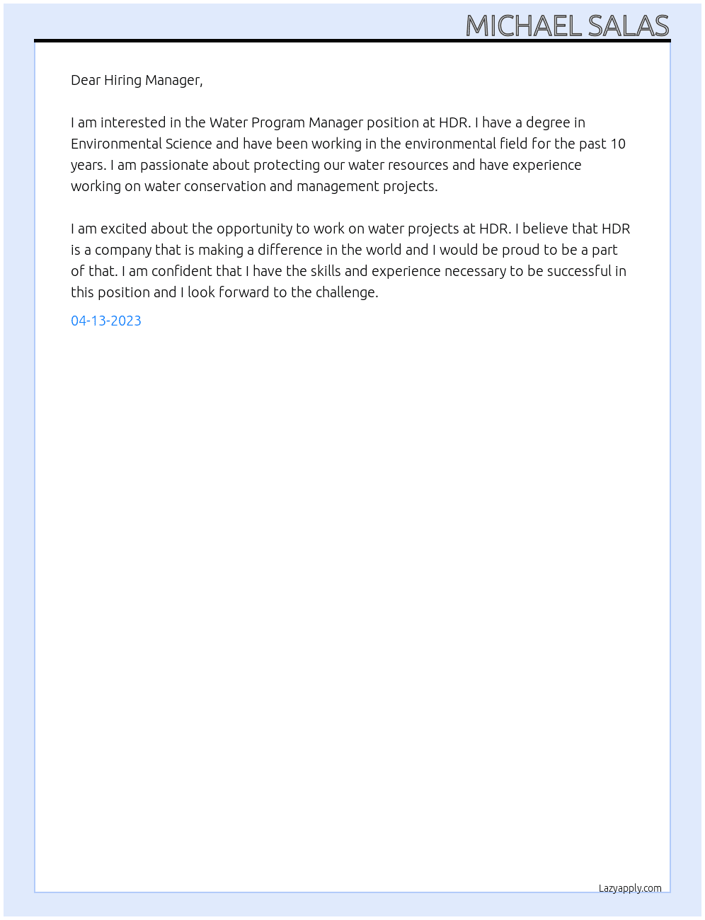 Water Program Manager At HDR Cover Letter