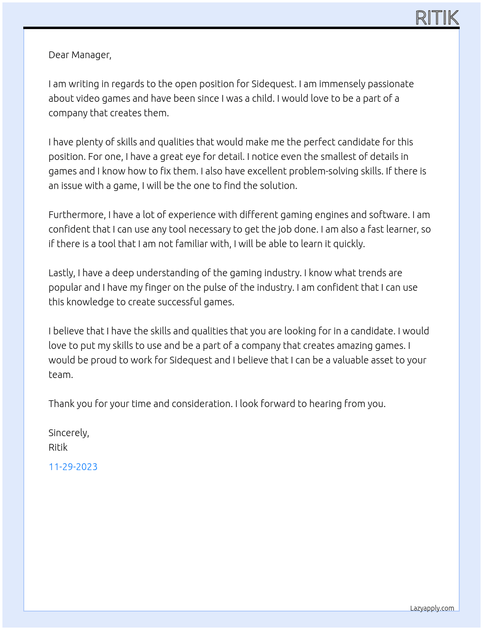 Sidequest At Sidequest Cover Letter