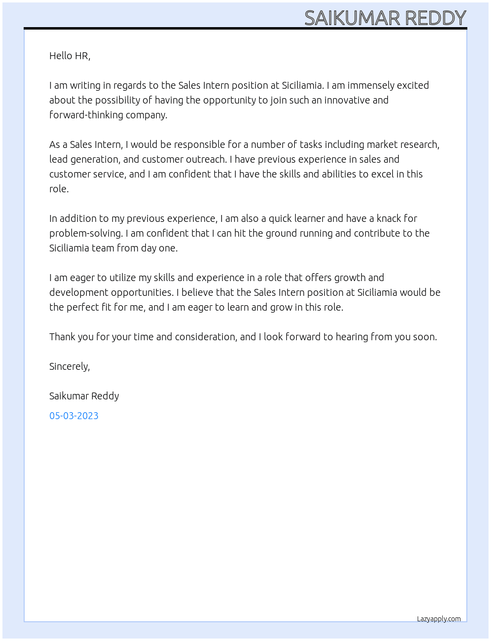 sales intern At siciliamia Cover Letter