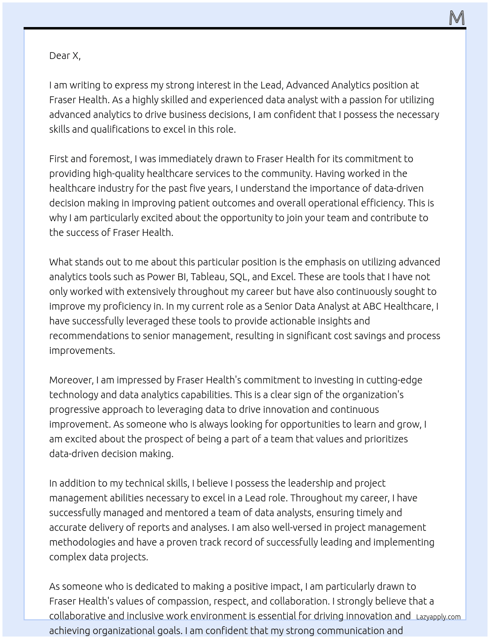 Lead, Advanced Analytics At Fraser Health Cover Letter
