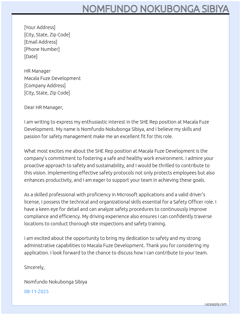SHE REP At MACALA FUZE DEVELOPMENT Cover Letter