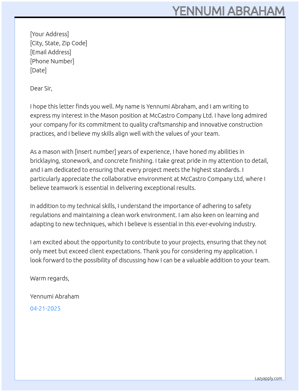 mason At McCastro Company Ltd Cover Letter