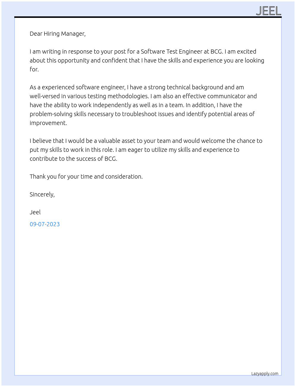 Software Test Engineer At BCG Cover Letter