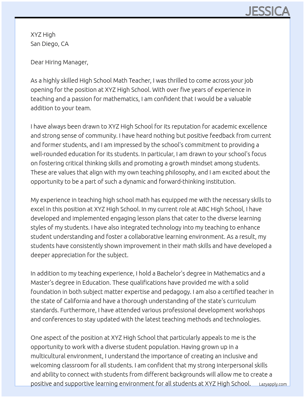 High School Math Teacher At XYZ High Cover Letter