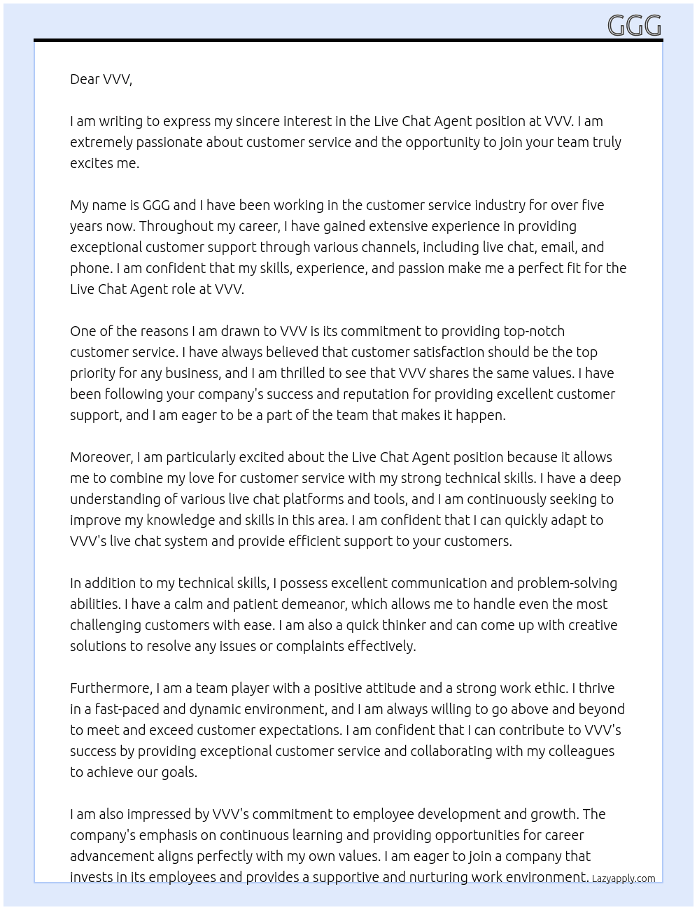 Live Chat Agent At vvv Cover Letter