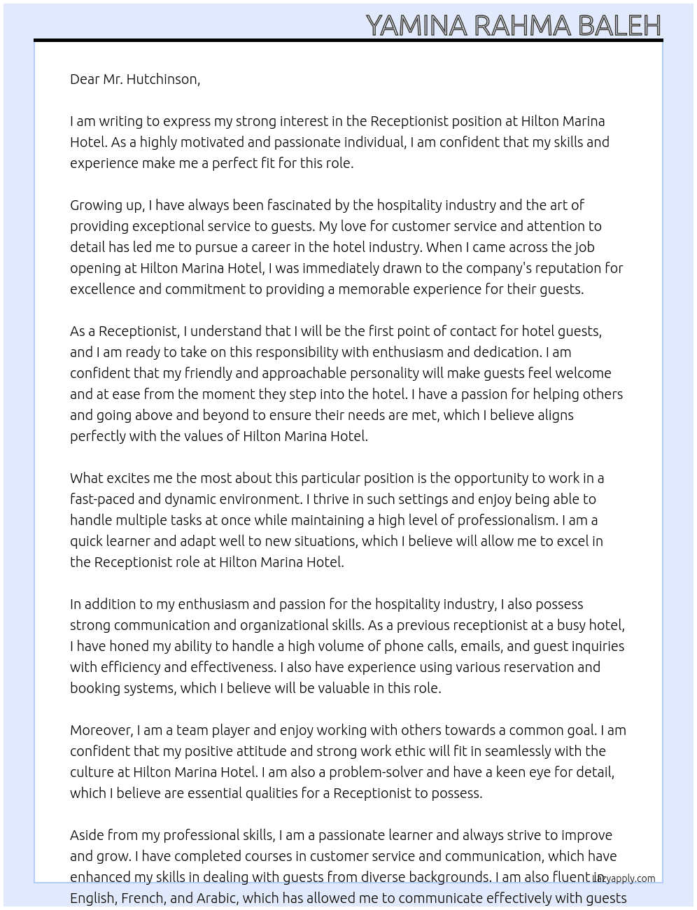 Receptionist At Hilton Marina Hotel Cover Letter