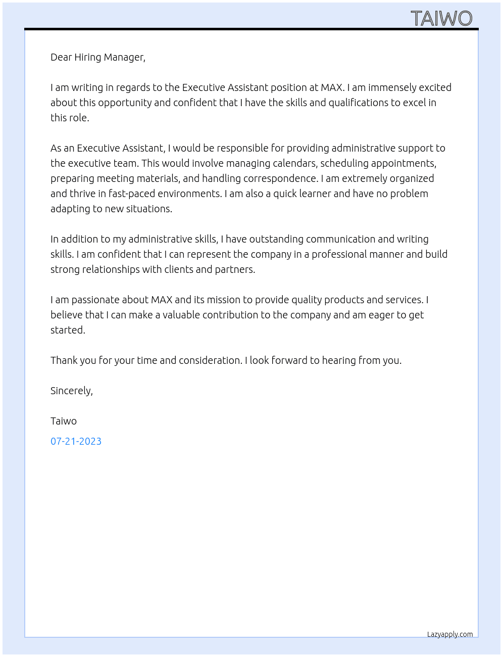 Executive assistant  At MAX Cover Letter