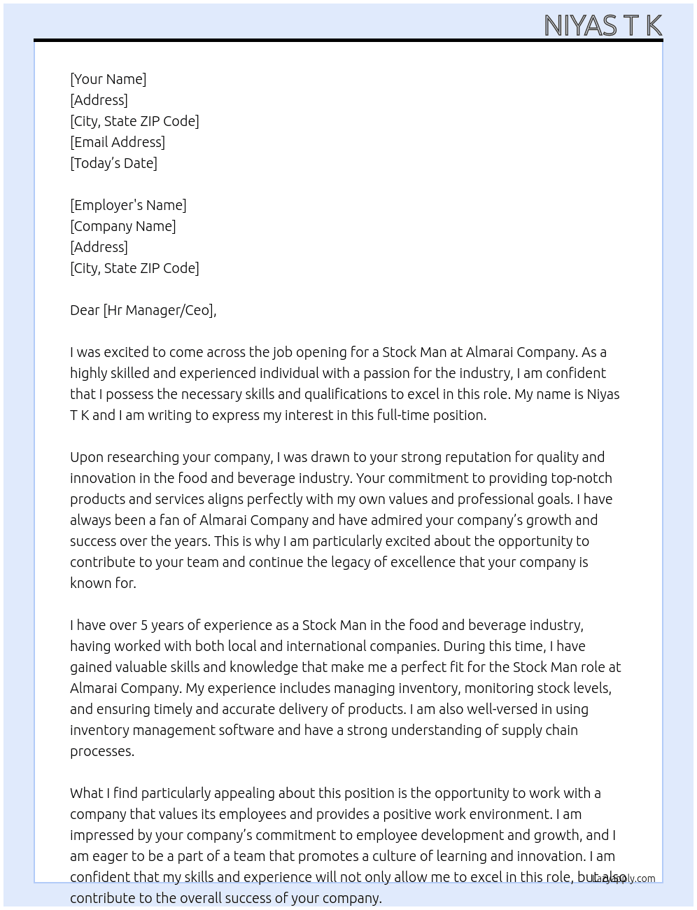 Stock man  At ALMARAI COMPANY  Cover Letter