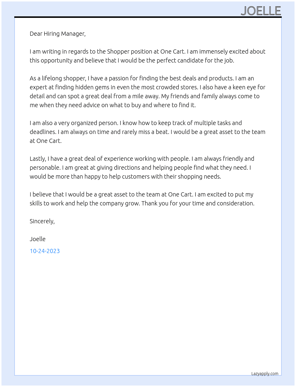 Shopper At One Cart Cover Letter