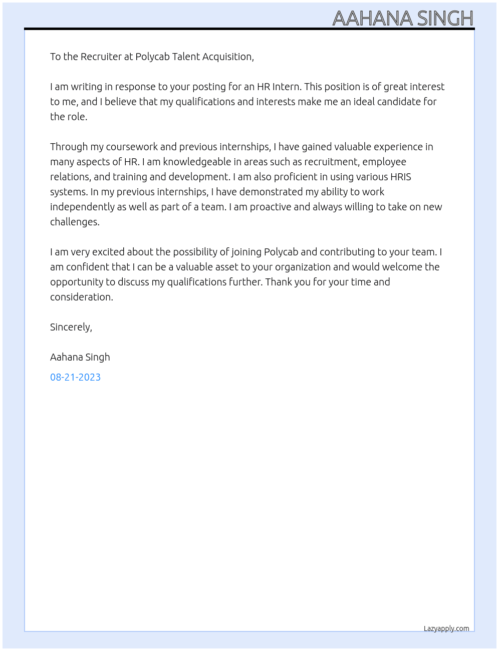HR Intern At Polycab Talent Acquisition  Cover Letter