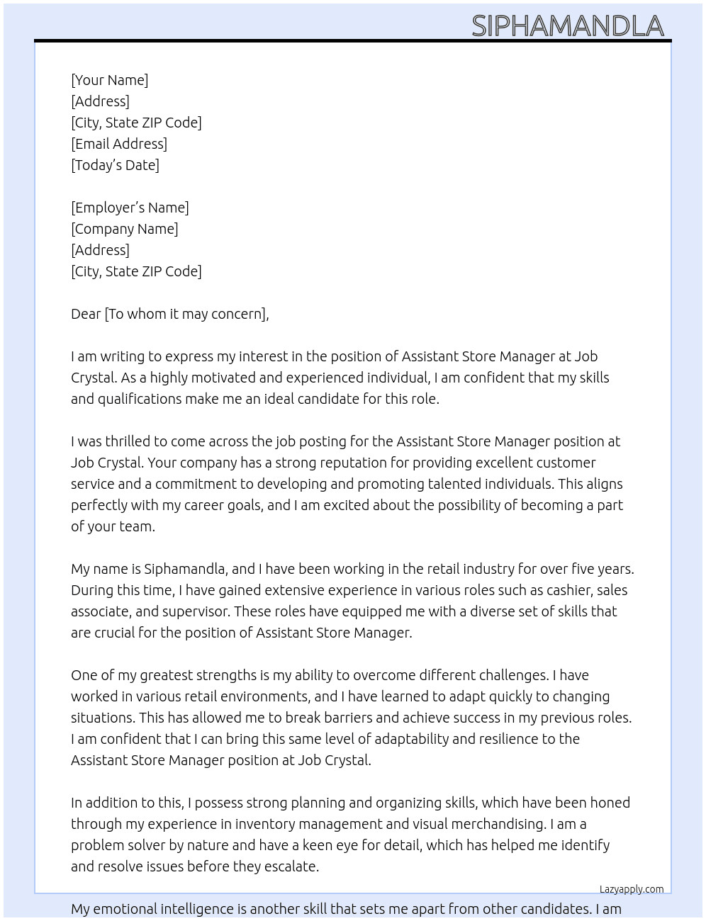 Assistant store man  At Job Crystal  Cover Letter