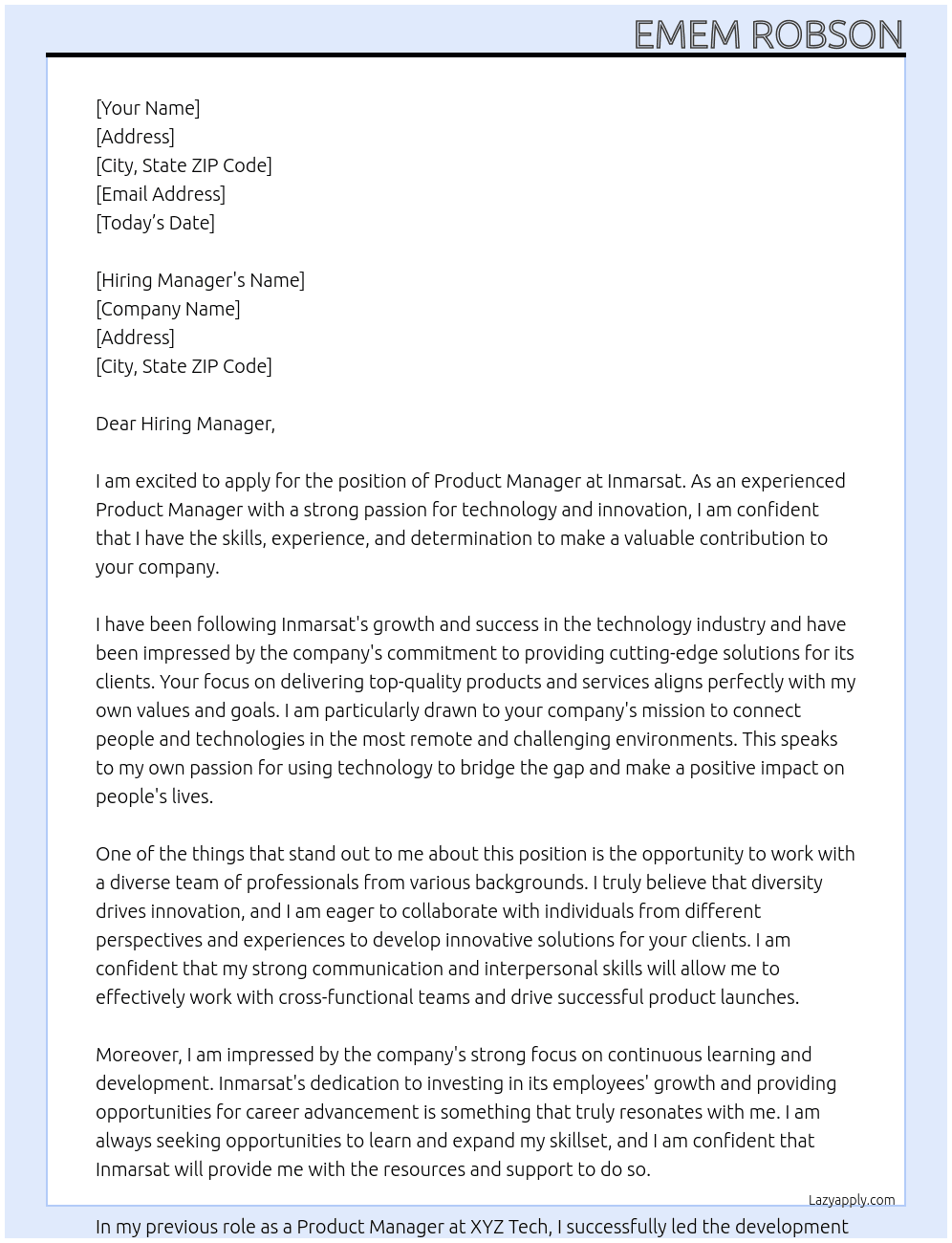 ProductManager At Inmarsat Cover Letter