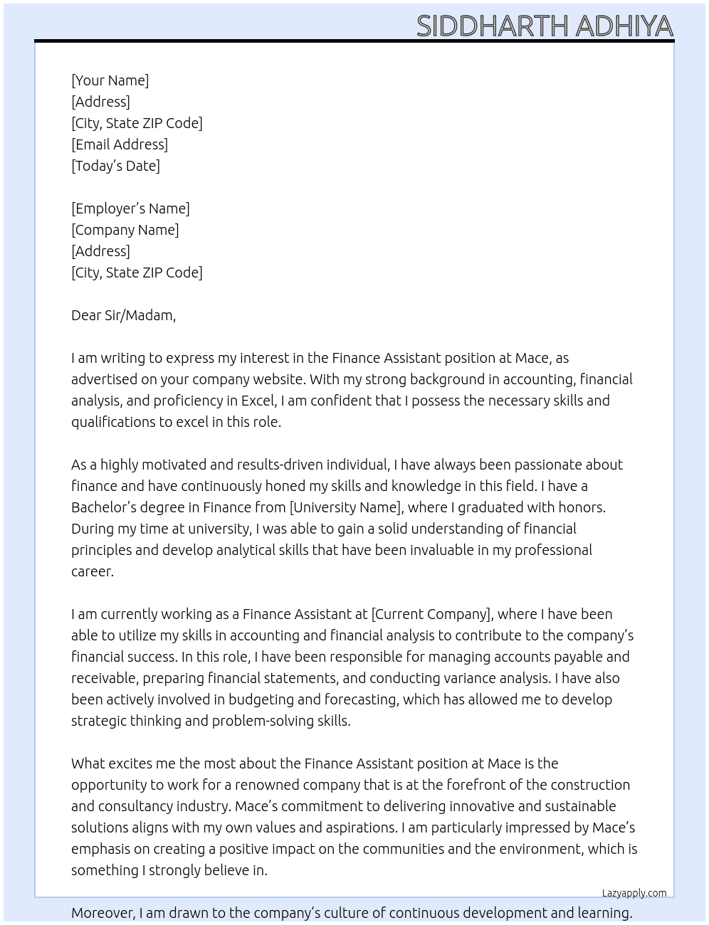 Finance Assistant At Mace Cover Letter