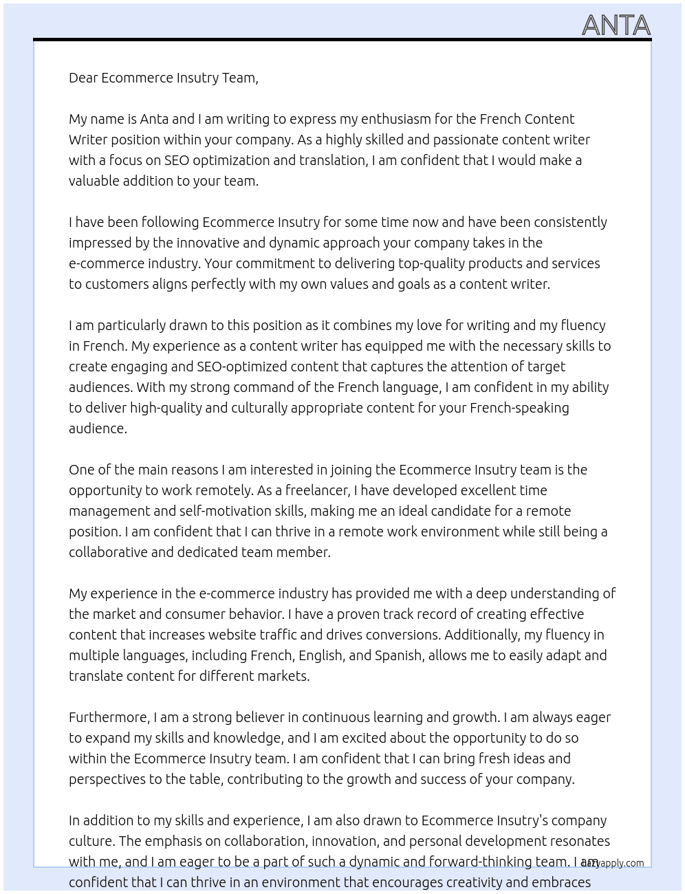 French content writer At Ecommerce Insutry Cover Letter