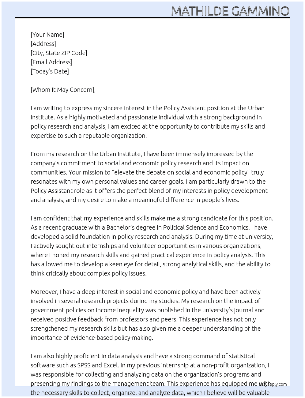 Policy Assistant At Urban Institute Cover Letter