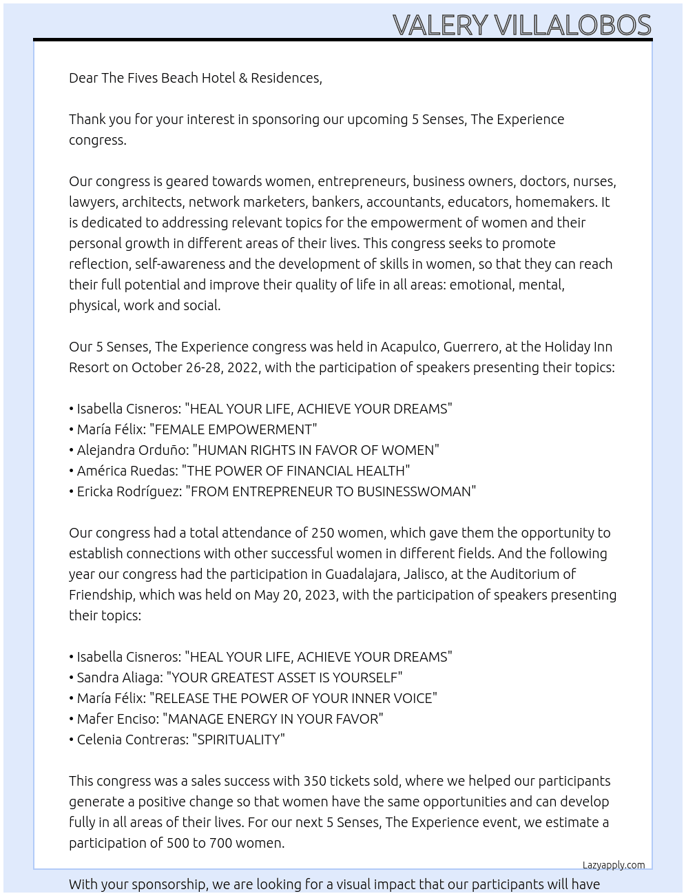 Respuesta a carta de patrocinio At The Fives Beach Hotel & Residences. Cover Letter